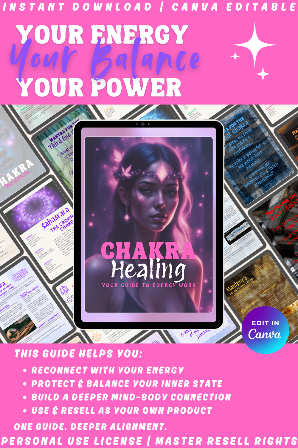 Promotional graphic for 'Chakra Healing - your guide to energy work' a beginner's guide with tablet image and text on a collage background. Explaining what this guide will help you with, for example reconnect with your energy and balance your inner state.