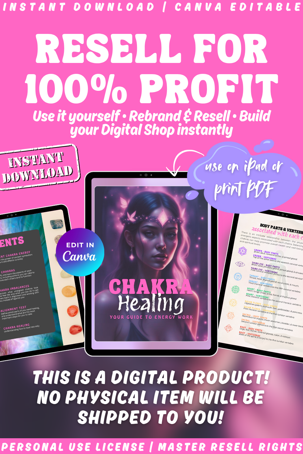 Digital product promotion with text about reselling, branding, and building a digital shop on a pink and purple background. "Chakra healing - your guide to energy work"