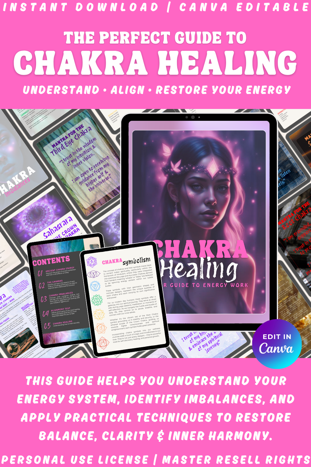 Digital guide to "chakra healing - your guide to energy work" with a pink background and tablet displaying the guide. available in personal use license and master resell rights. 