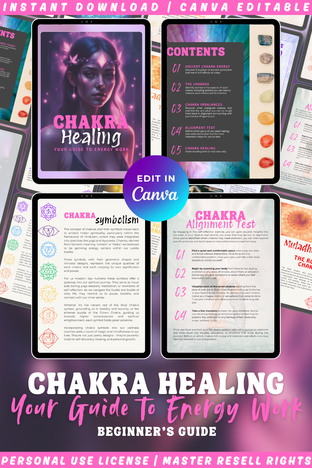 Preview of the "Chakra Healing - your guide to energy work" with Canva editing tool overlay on a collage of similar guides Available in personal use license or master resell rights. 