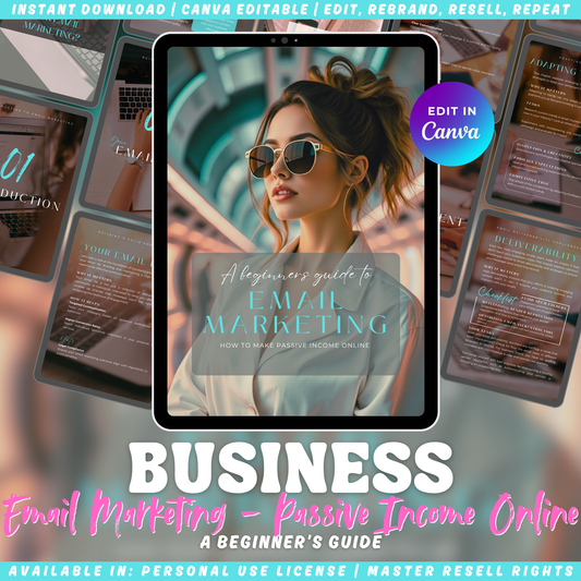 Cover of the beginner's guide to Email marketing - how to make passive income online. It is available in personal use license and master resell rights. 