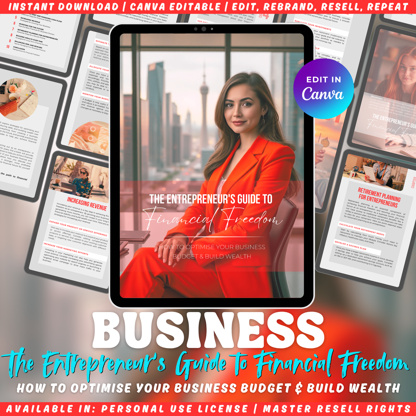 Promotional graphic for 'The Entrepreneur's Guide to Financial Freedom' with a woman in a red jacket on a tablet screen.