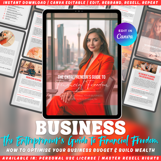 Promotional graphic for 'The Entrepreneur's Guide to Financial Freedom' with a woman in a red jacket on a tablet screen.