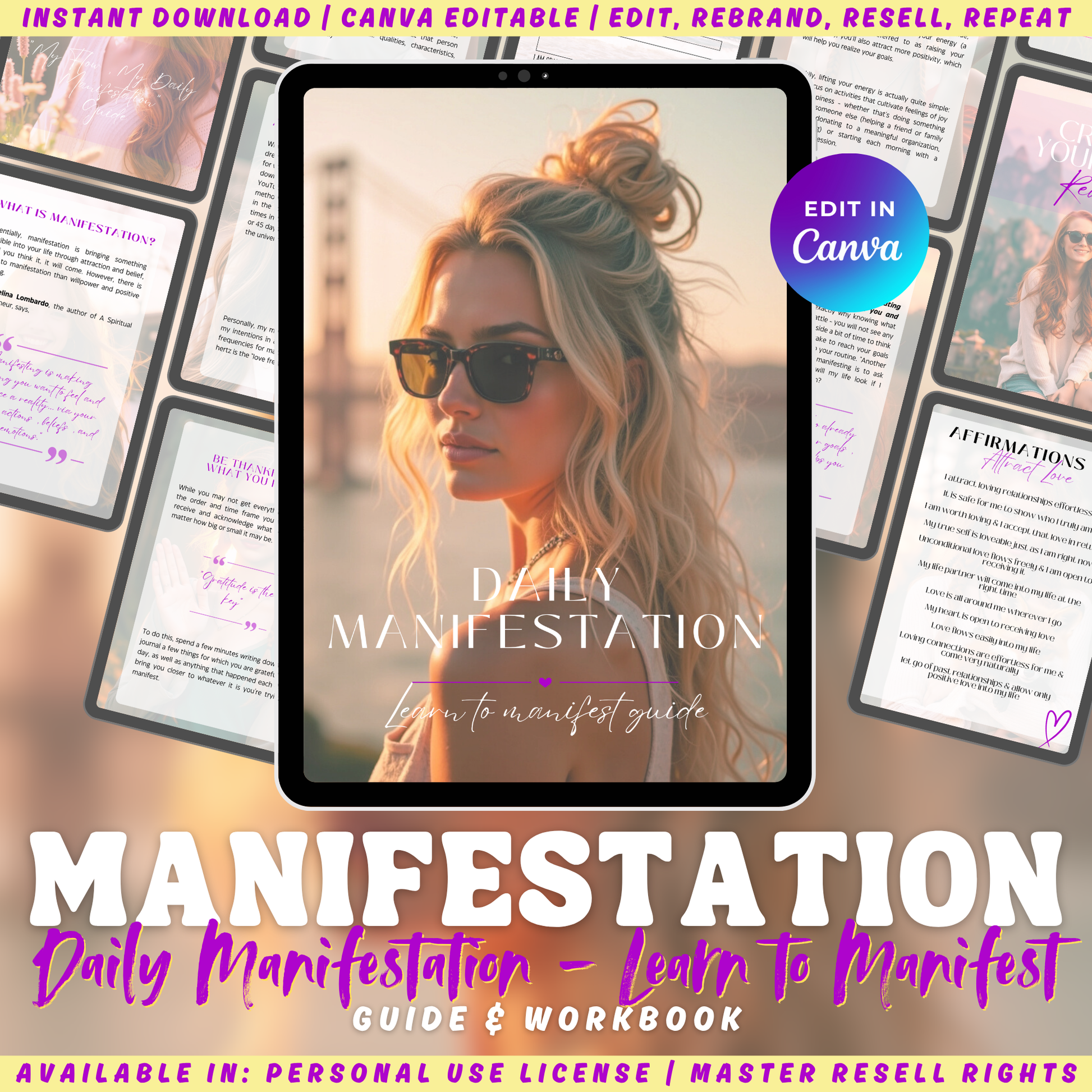 Daily Manifestation workbook - Learn to manifest guide. Cover sits on top of previews of the pages from the guide. Available in private label rights, master resell rights, and personal use license. 