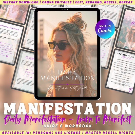 Daily Manifestation workbook - Learn to manifest guide. Cover sits on top of previews of the pages from the guide. Available in private label rights, master resell rights, and personal use license. 