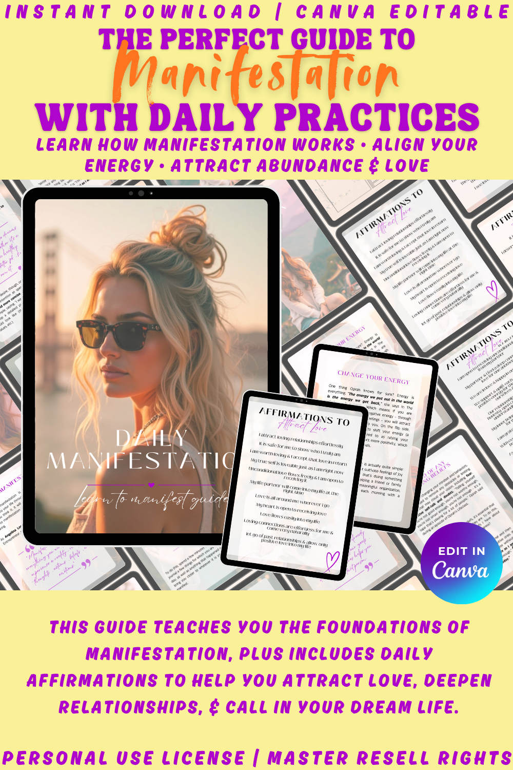 Manifestation guide  available in private label rights, master resell rights, and personal use license. The guide teaches you the foundations of manifestation, and includes daily affirmations to call in your dream life. 