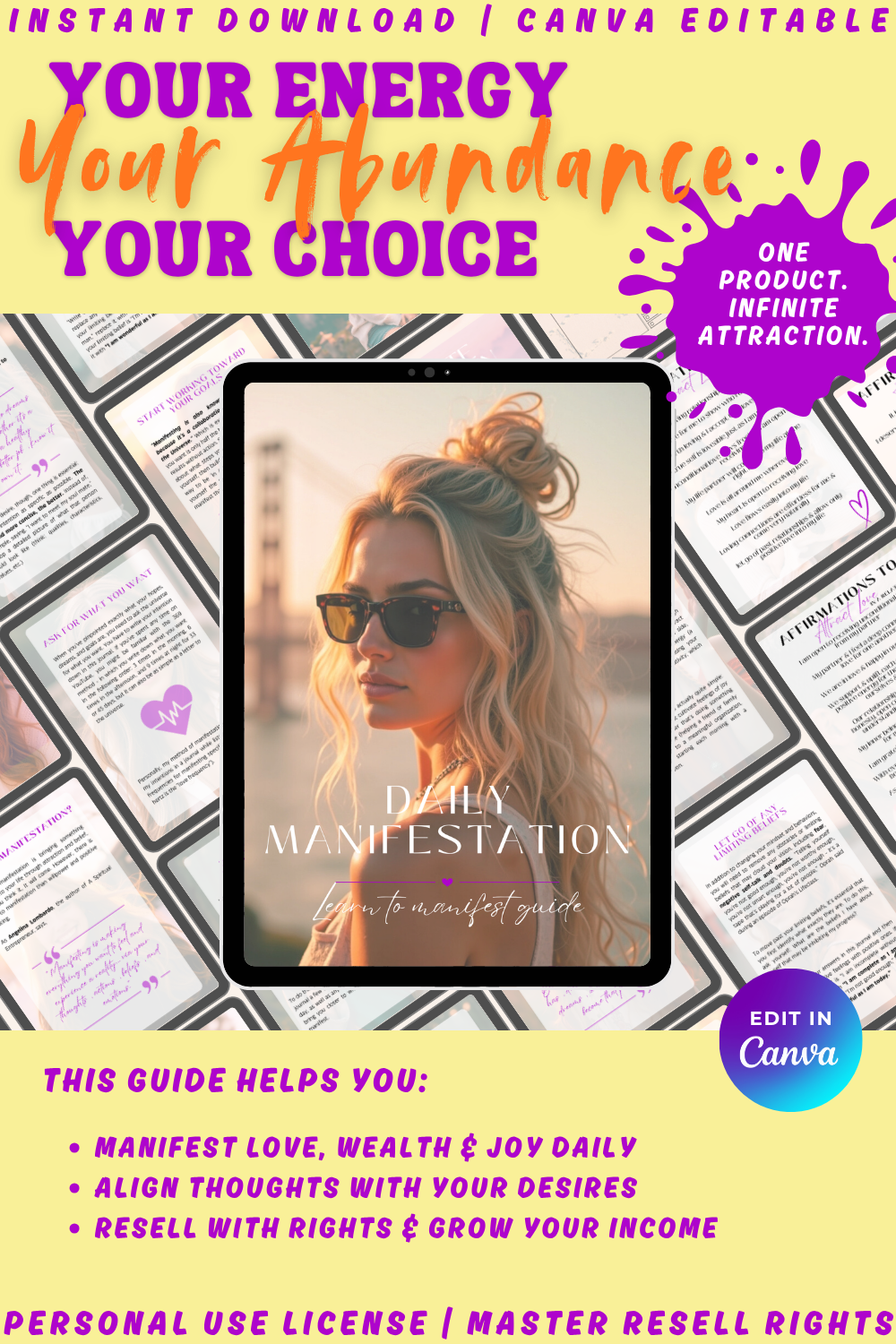 Product packaging of the beginner's guide to manifestation. Easy daily step-by-step instructions and affirmations. The guide will help you manifest love, wealth and joy daily. 