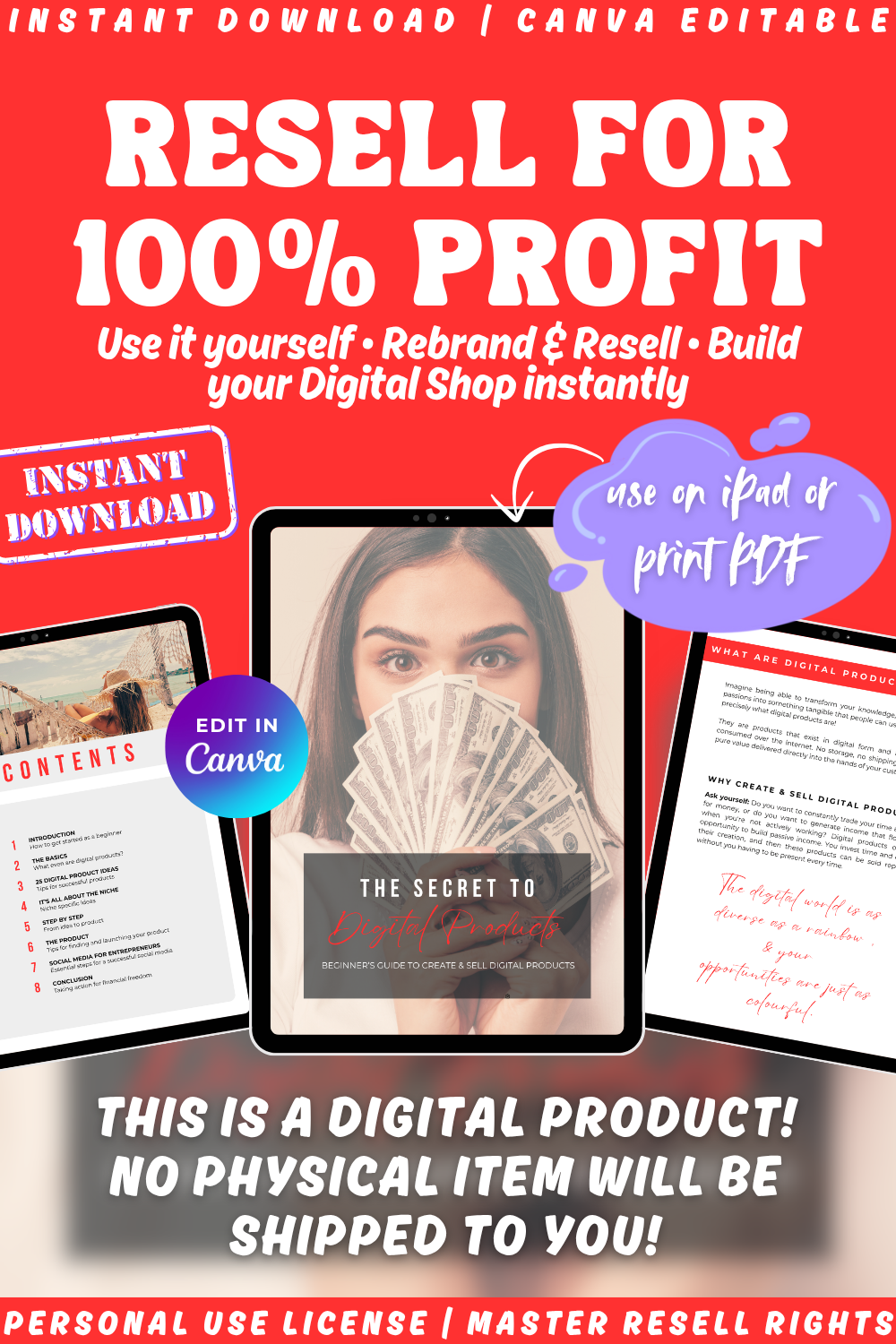 Promotional graphic for a digital product - a beginner's guide about reselling for profit, featuring text and images of money and a woman. This product comes with different licenses - personal use license and master resell rights. 