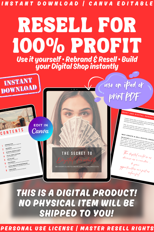 Promotional graphic for a digital product - a beginner's guide about reselling for profit, featuring text and images of money and a woman. This product comes with different licenses - personal use license and master resell rights. 