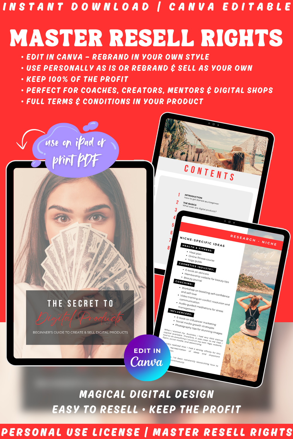 Promotional graphic for the beginner's guide "The secret to digital products". It will show you how to create and sell digital products and start your own online income business to reach financial freedom. 