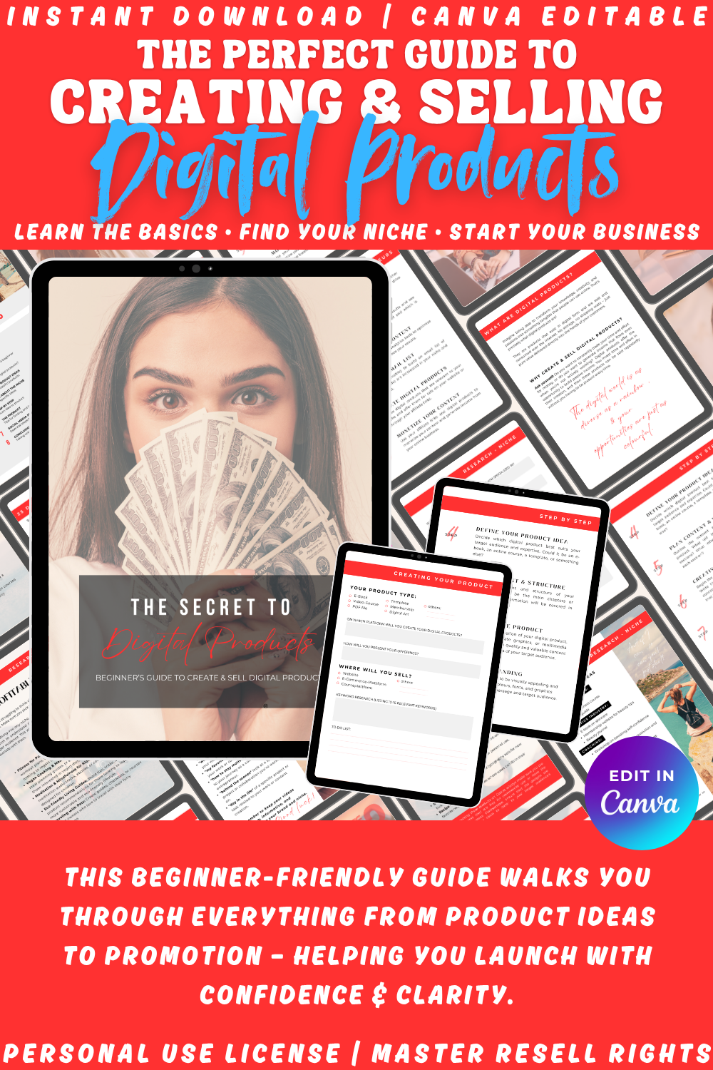 Promotional image of the beginner's guide "The secret to digital products" which can teach you the basics, how to find your niche, and how to start your own online income business. Available in personal use license or master resell rights. 