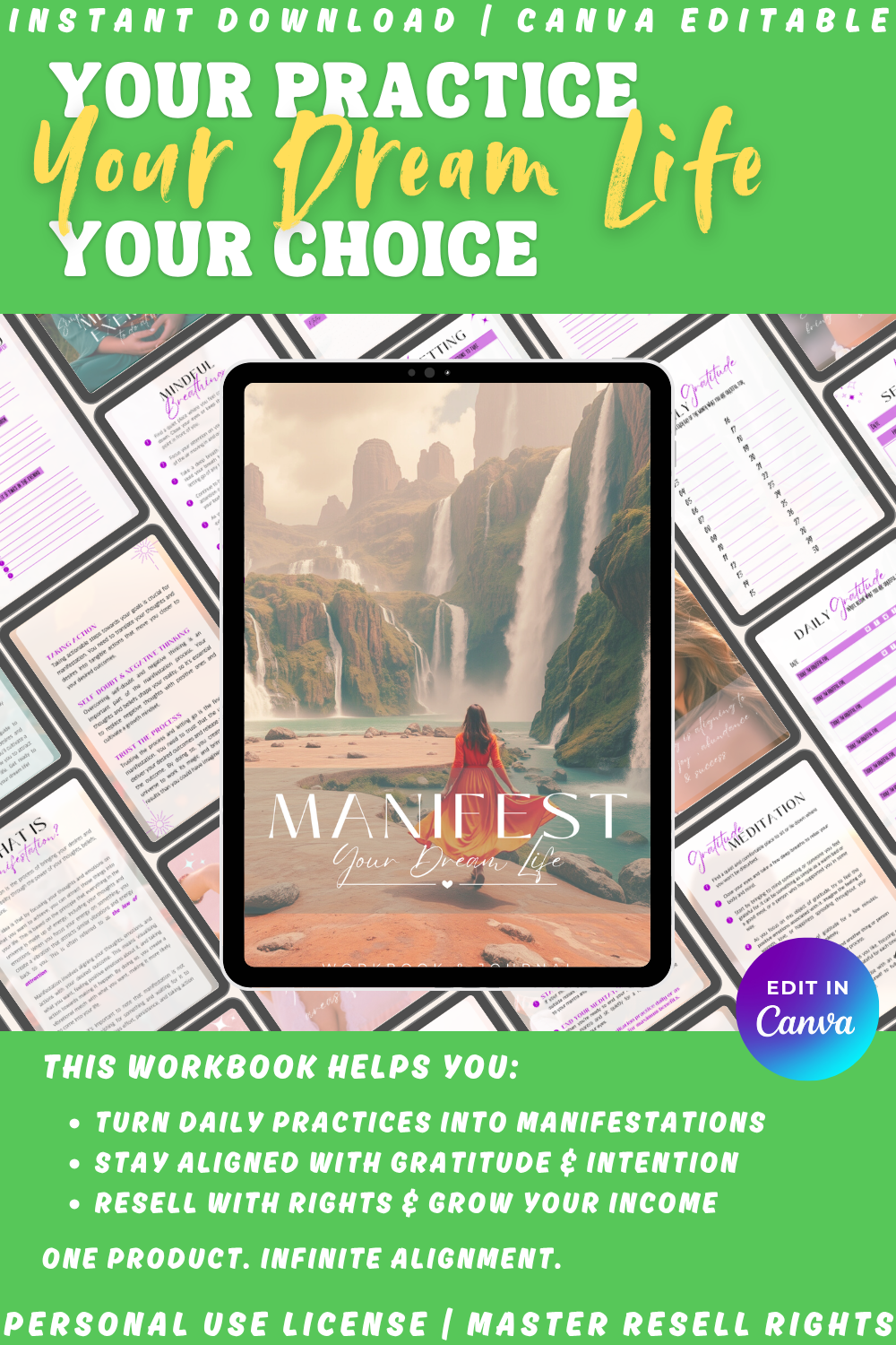 Workbook cover of "Manifest your dream life" featuring a woman walking towards waterfalls. The cover sits on top of previews of the journal's pages. The workbook will help you stay aligned with gratitude and intention.