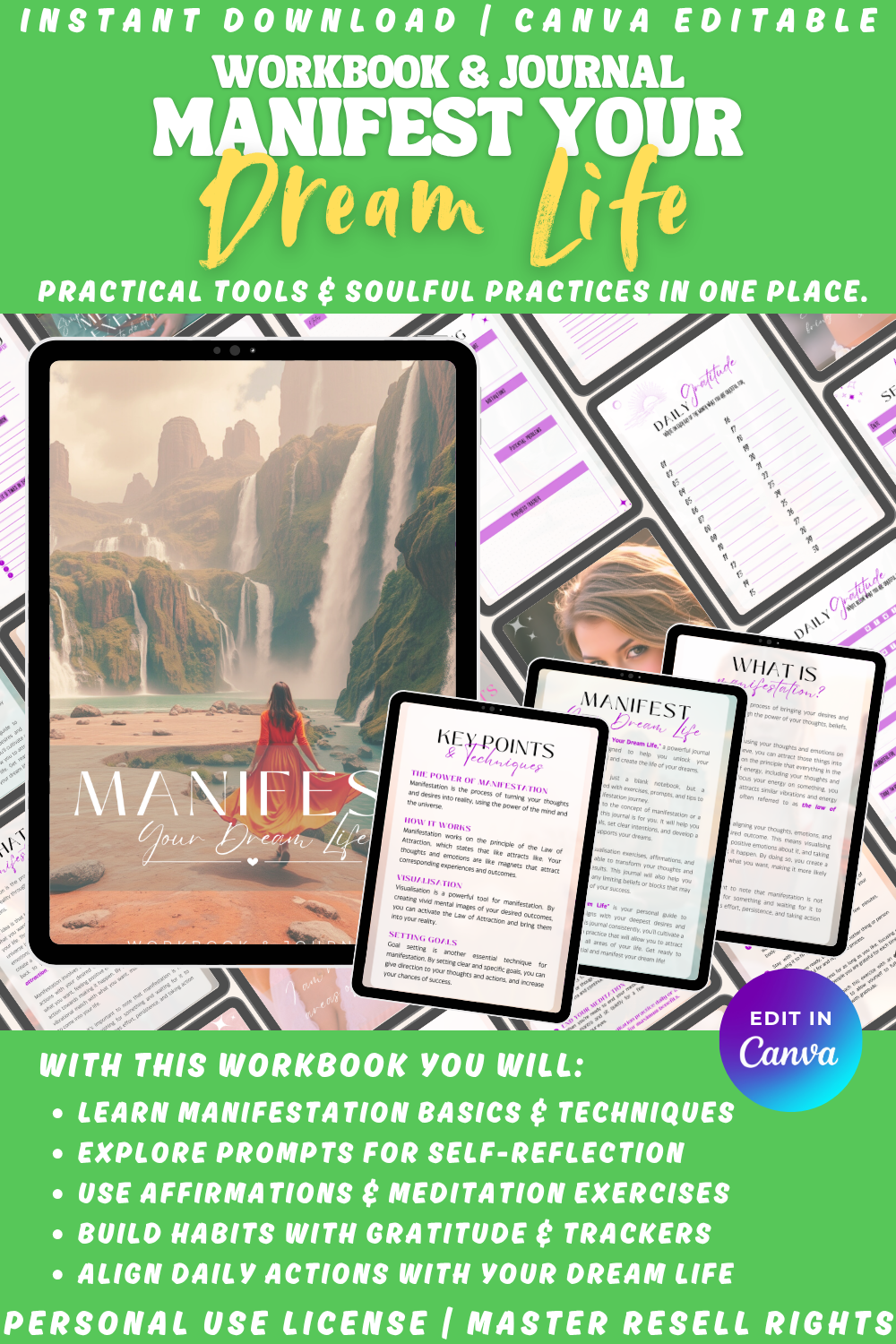 "Manifest Your Dream Life" workbook and journal with a woman by a waterfall and text about manifestation tools. The workbook helps you learn manifestation basics, explore prompts for selfreflection. Align daily action with your dream life.