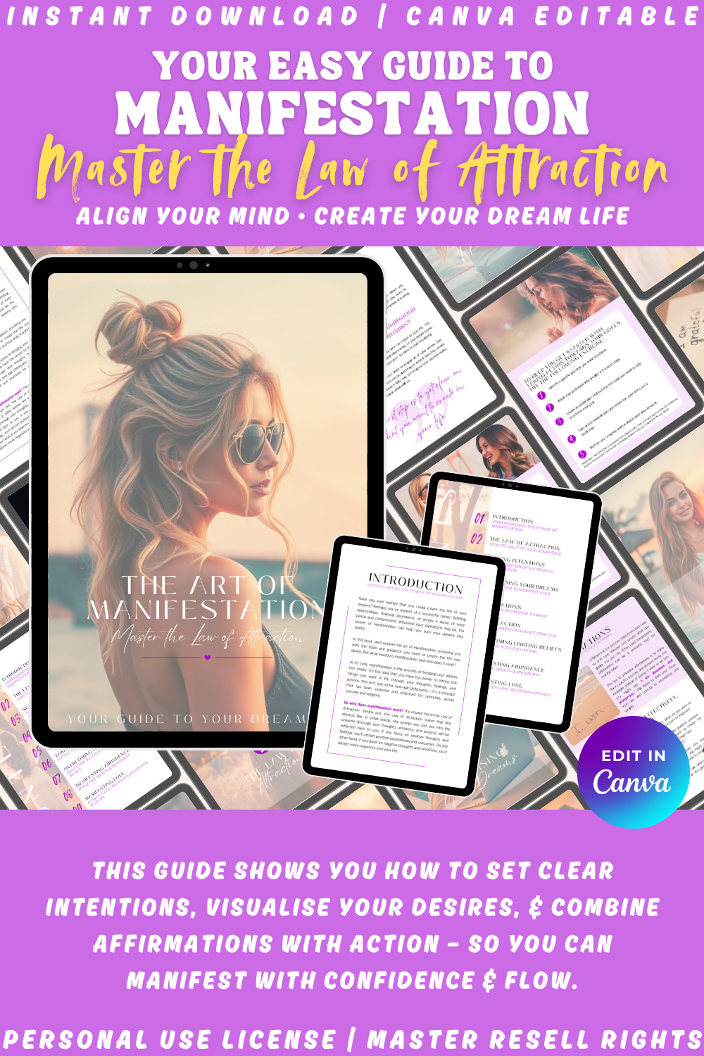 Promotional graphic for the guide "The art of manifestation - learn to master the law of attraction - your guide to your dream life". The guide is editable in Canva and is available in Private label rights and Master resell rights. 