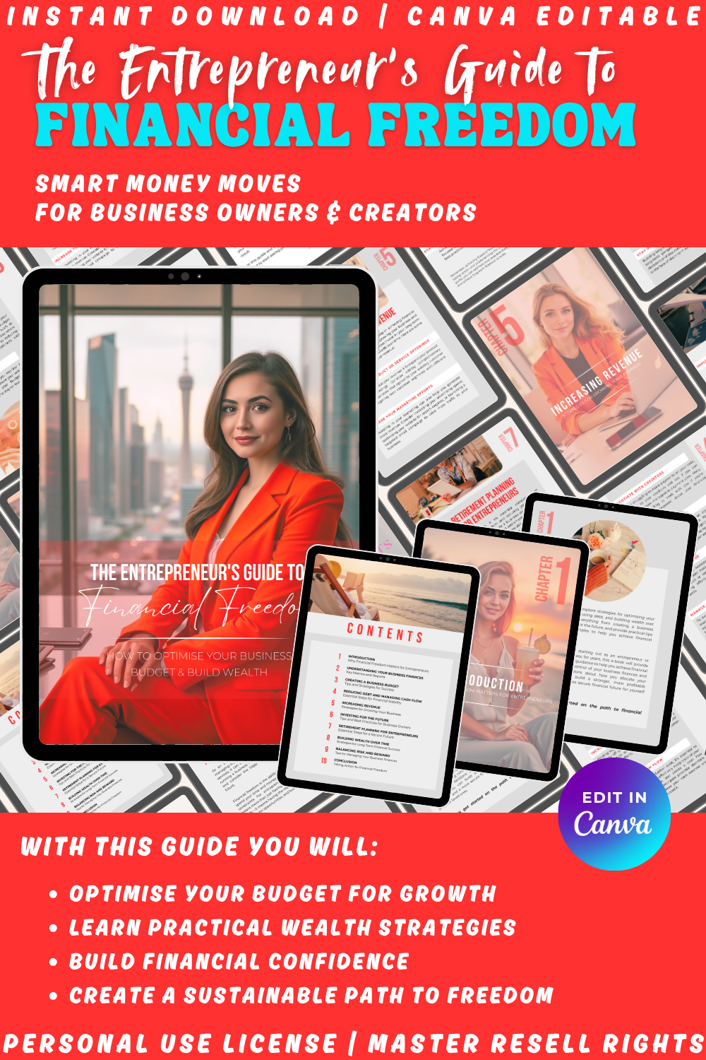 Cover of 'The Entrepreneur's Guide to Financial Freedom' with text and images of a woman on a tablet.