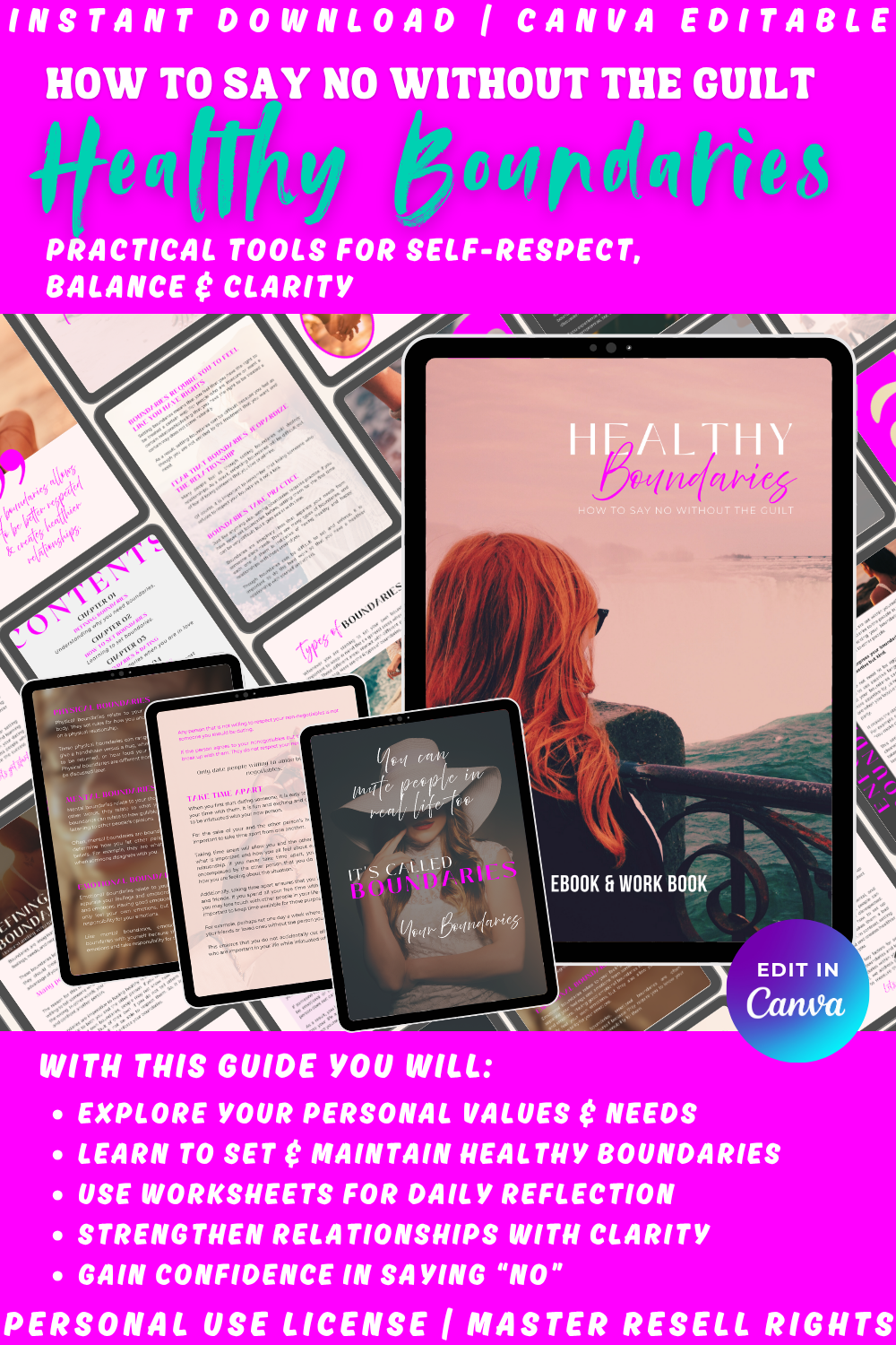 Promotional graphic for 'Healthy Boundaries - how to say no without the guilt' ebook and workbook with tablet images and text overlay. This guide helps you explore your personal values and needs. Available in personal use license, private label rights, and master resell rights.