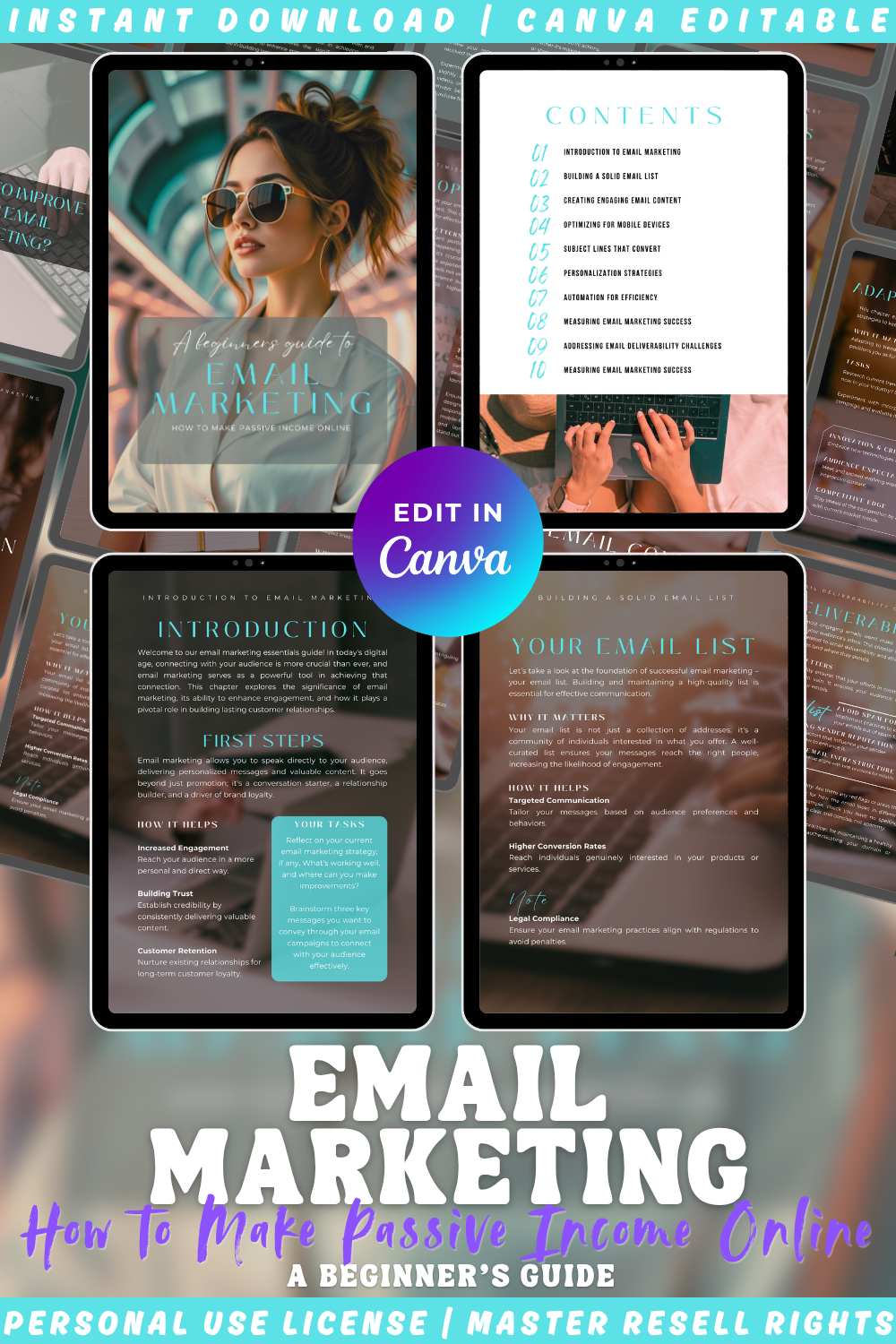 The perfect guide to Email marketing. A beginner's guide to earning passive income online. Showcasing previews of the book. Available in personal use license and master resell rights. 