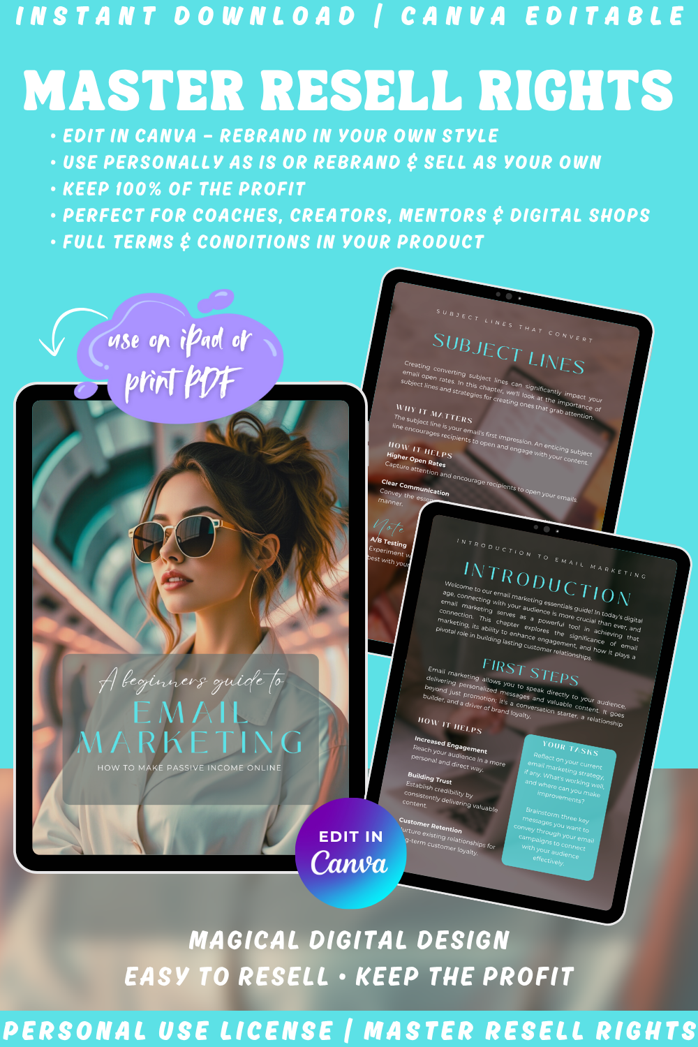 The perfect guide to Email marketing. A beginner's guide to earning passive income online. Showcasing previews of the book. Available in personal use license and master resell rights. The promotional graphic is explaining master resell rights. 