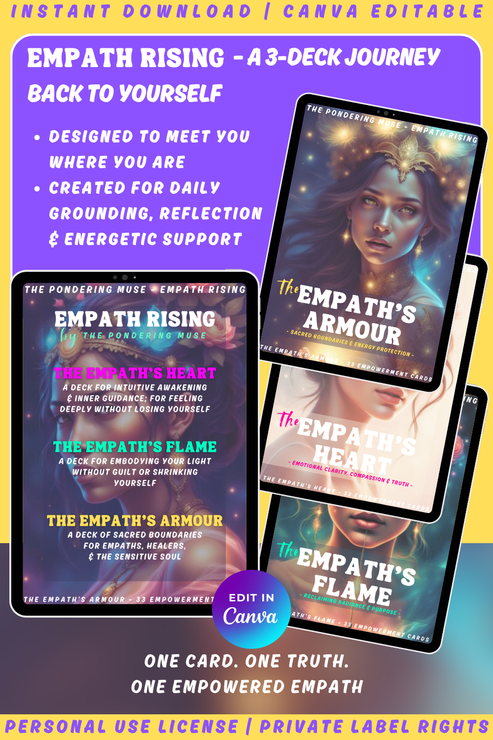 Promotional graphic for 'Empath Rising - The Empath's Armour' empowerment cards with a woman's face and text. Available in personal use license and private label rights. Image showing the full collection including the other two decks: The empath's heart and the empath's flame.