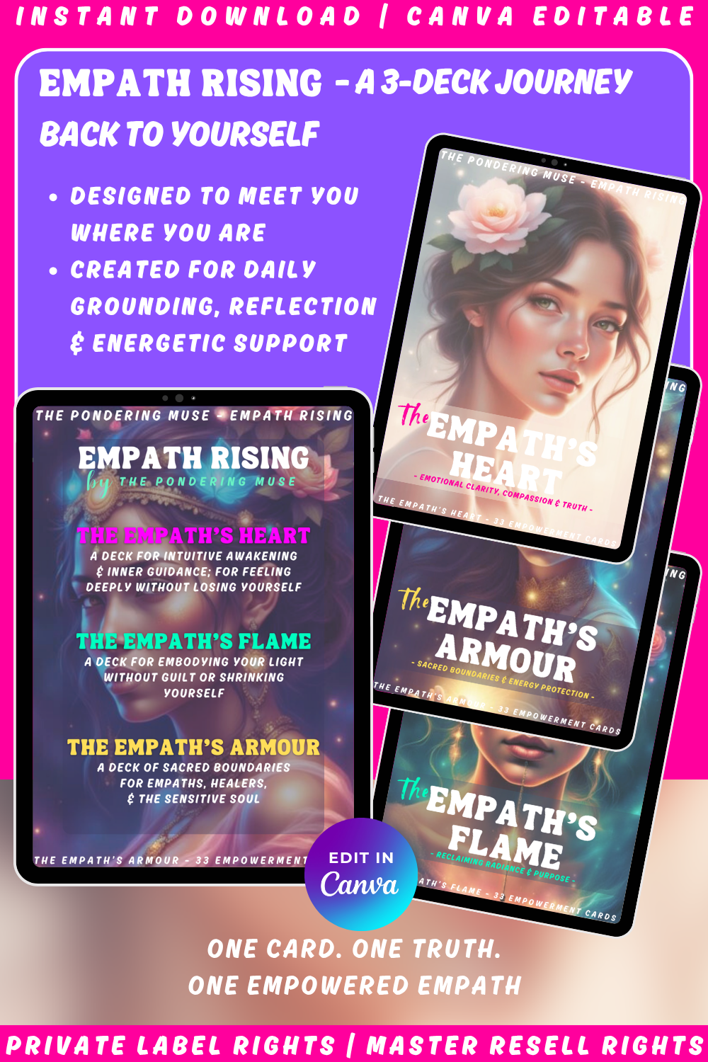 Promotional graphic of the affirmation deck "The Empath's Heart" from the collection "Empath Rising". Available in private label rights and personal use license. Image showing the full collection and the other two decks in it: "The empath's flame" and "The empath's armour"