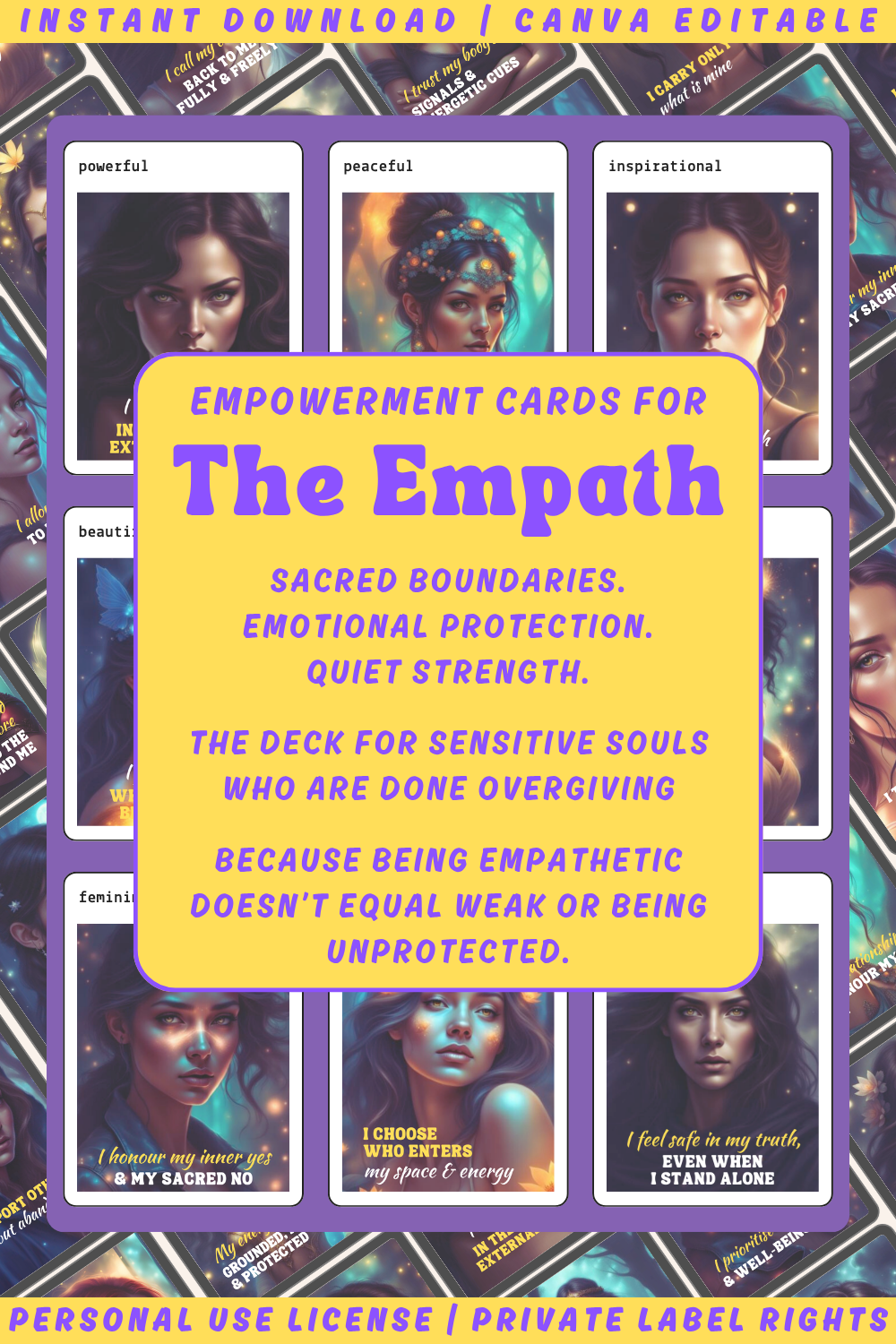 Promotional graphic for 'Empath Rising - The Empath's Armour' empowerment cards with a woman's face and text. Available in personal use license and private label rights. Image showing previews of the cards.