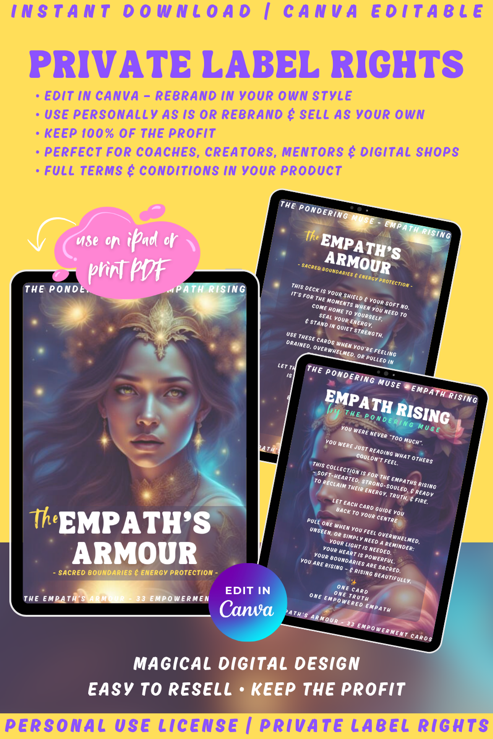 Promotional graphic for 'Empath Rising - The Empath's Armour' empowerment cards with a woman's face and text. Available in personal use license and private label rights. Image explaining private label rights.