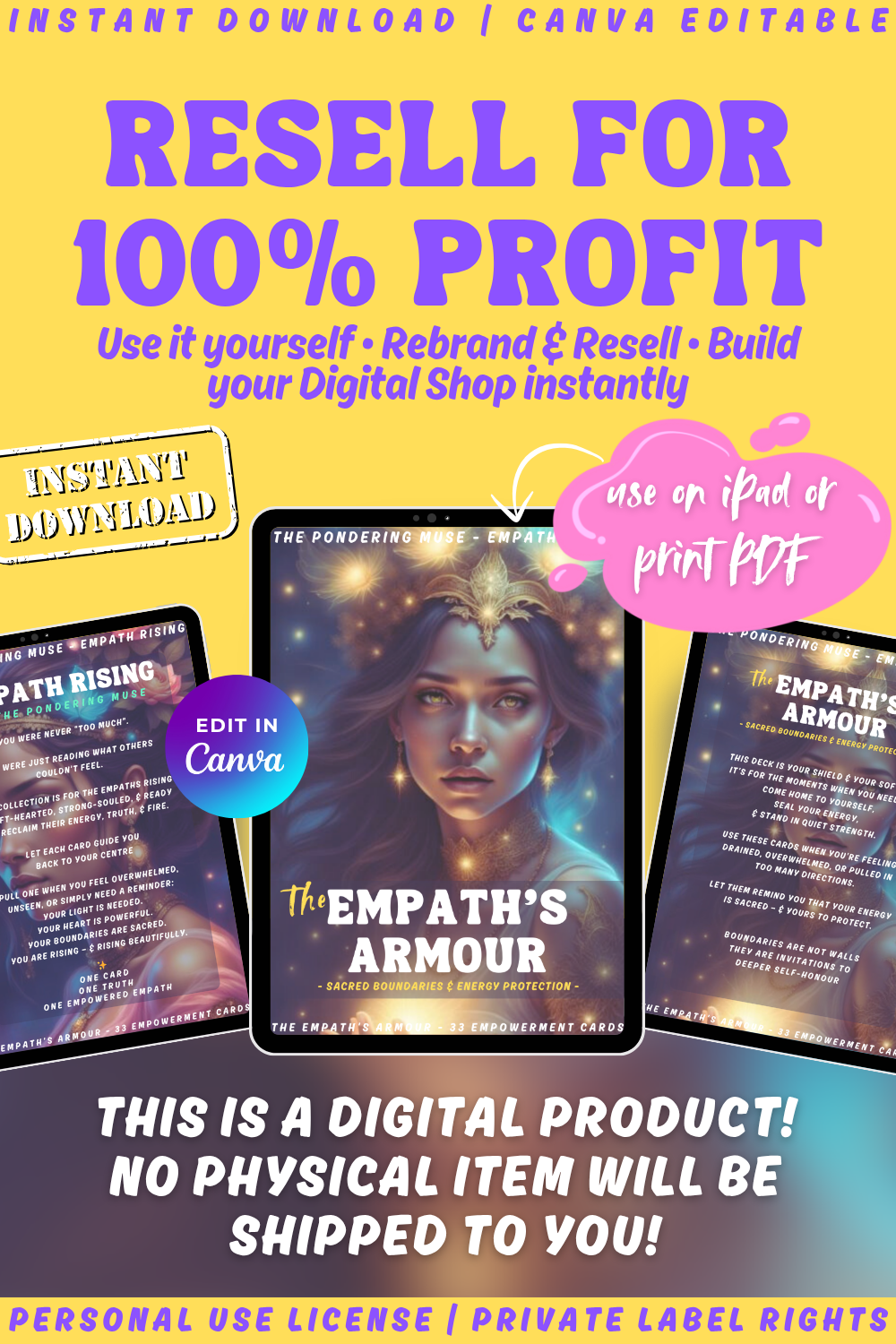 Promotional graphic for 'Empath Rising - The Empath's Armour' empowerment cards with a woman's face and text. Available in personal use license and private label rights. Image explaining private label rights and that you can resell and keep 100% profit