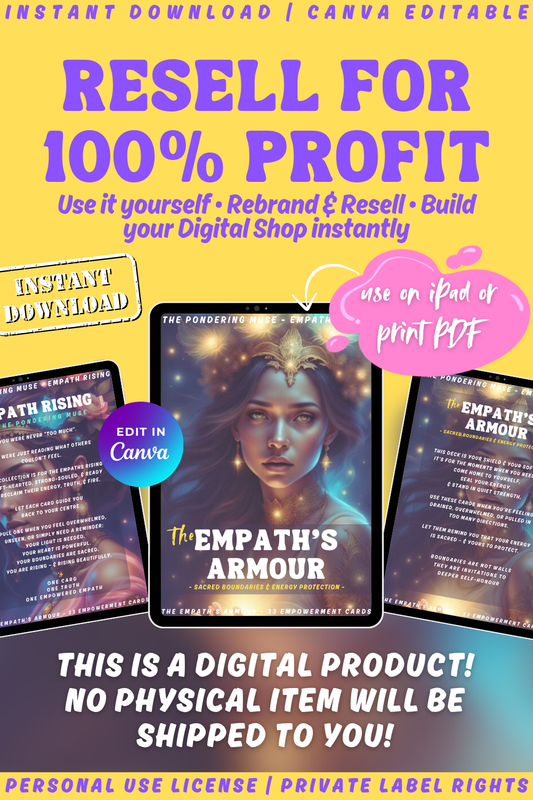 Promotional graphic for 'Empath Rising - The Empath's Armour' empowerment cards with a woman's face and text. Available in personal use license and private label rights. Image explaining private label rights and that you can resell and keep 100% profit