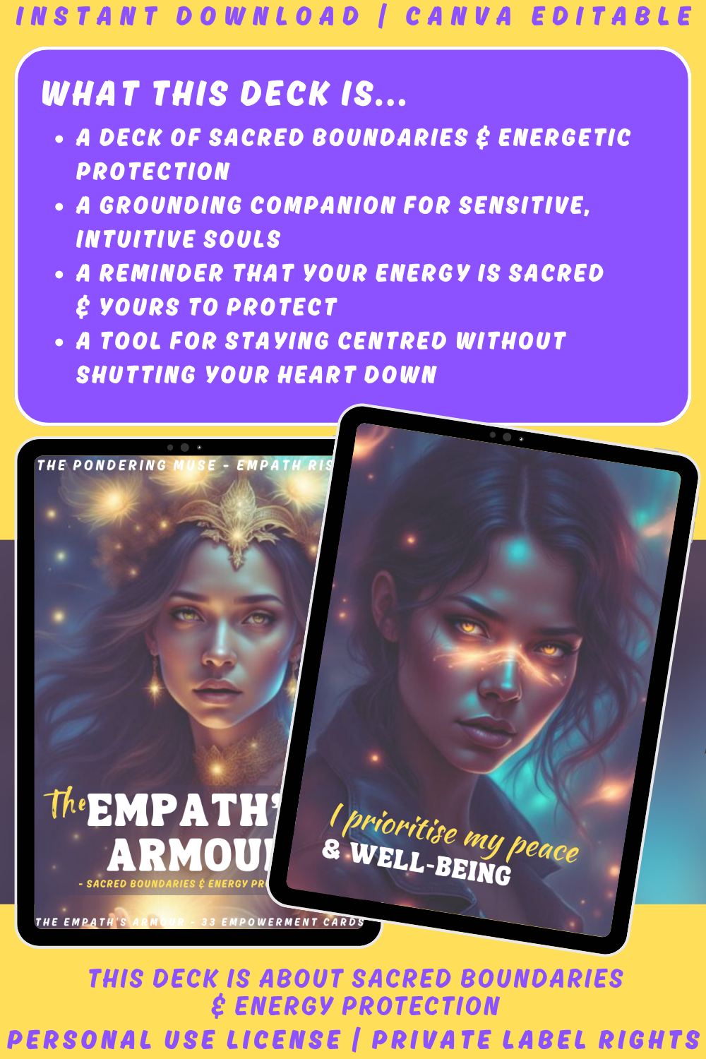 Promotional graphic for 'Empath Rising - The Empath's Armour' empowerment cards with a woman's face and text. Available in personal use license and private label rights. Image explaining what the deck is.