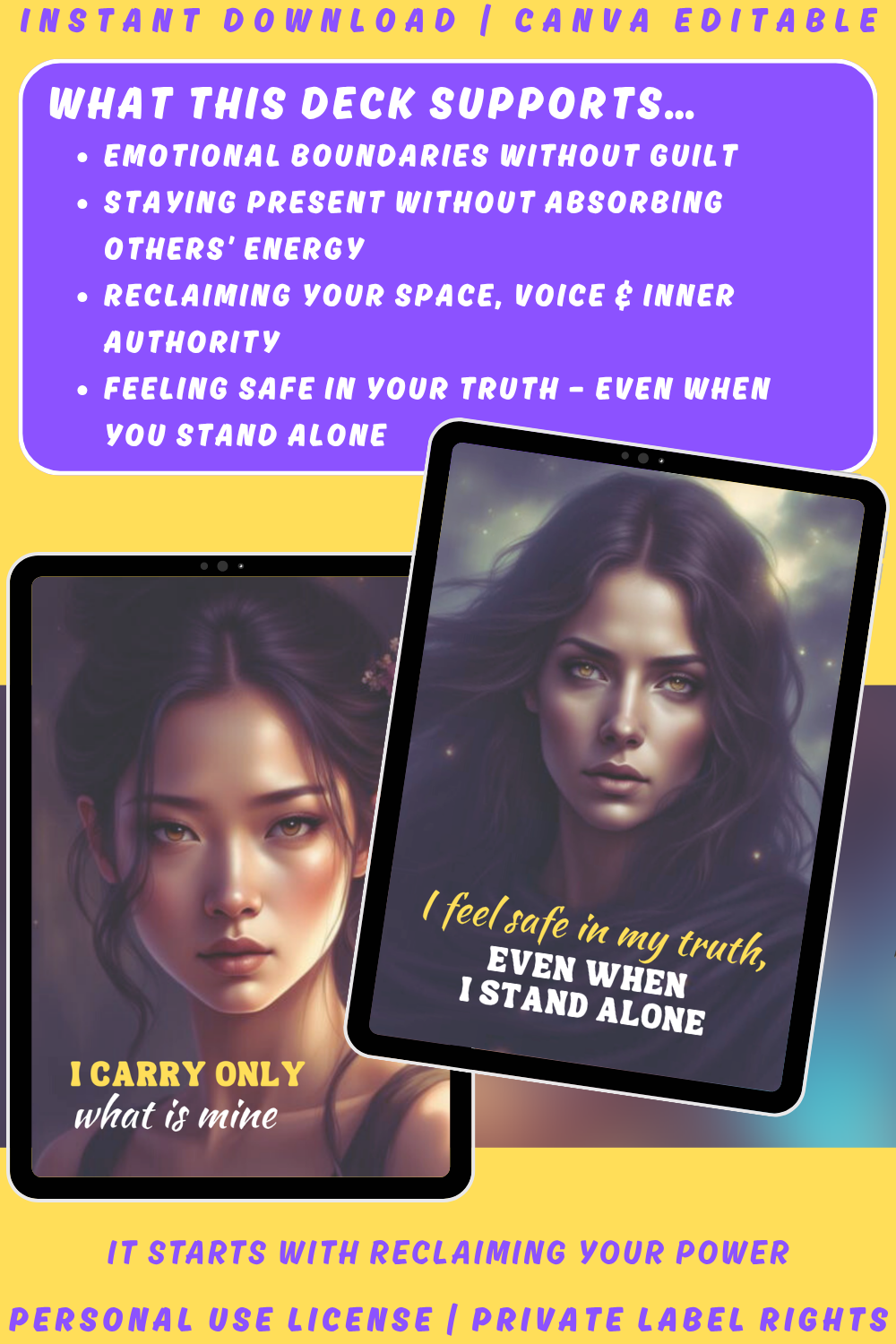 Promotional graphic for 'Empath Rising - The Empath's Armour' empowerment cards with a woman's face and text. Available in personal use license and private label rights. Image explaining what the deck supports.