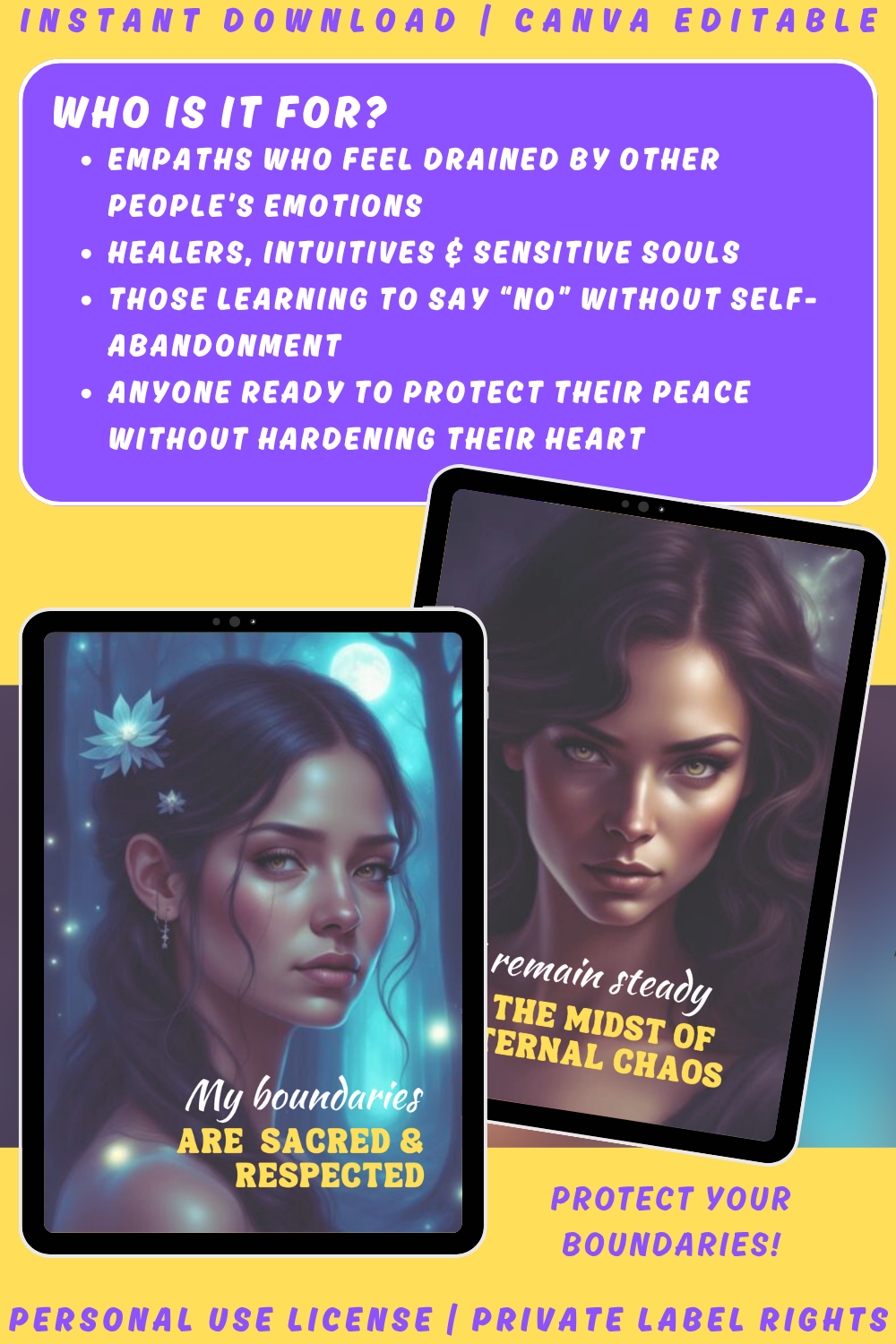 Promotional graphic for 'Empath Rising - The Empath's Armour' empowerment cards with a woman's face and text. Available in personal use license and private label rights. Image explaining who the deck is for.