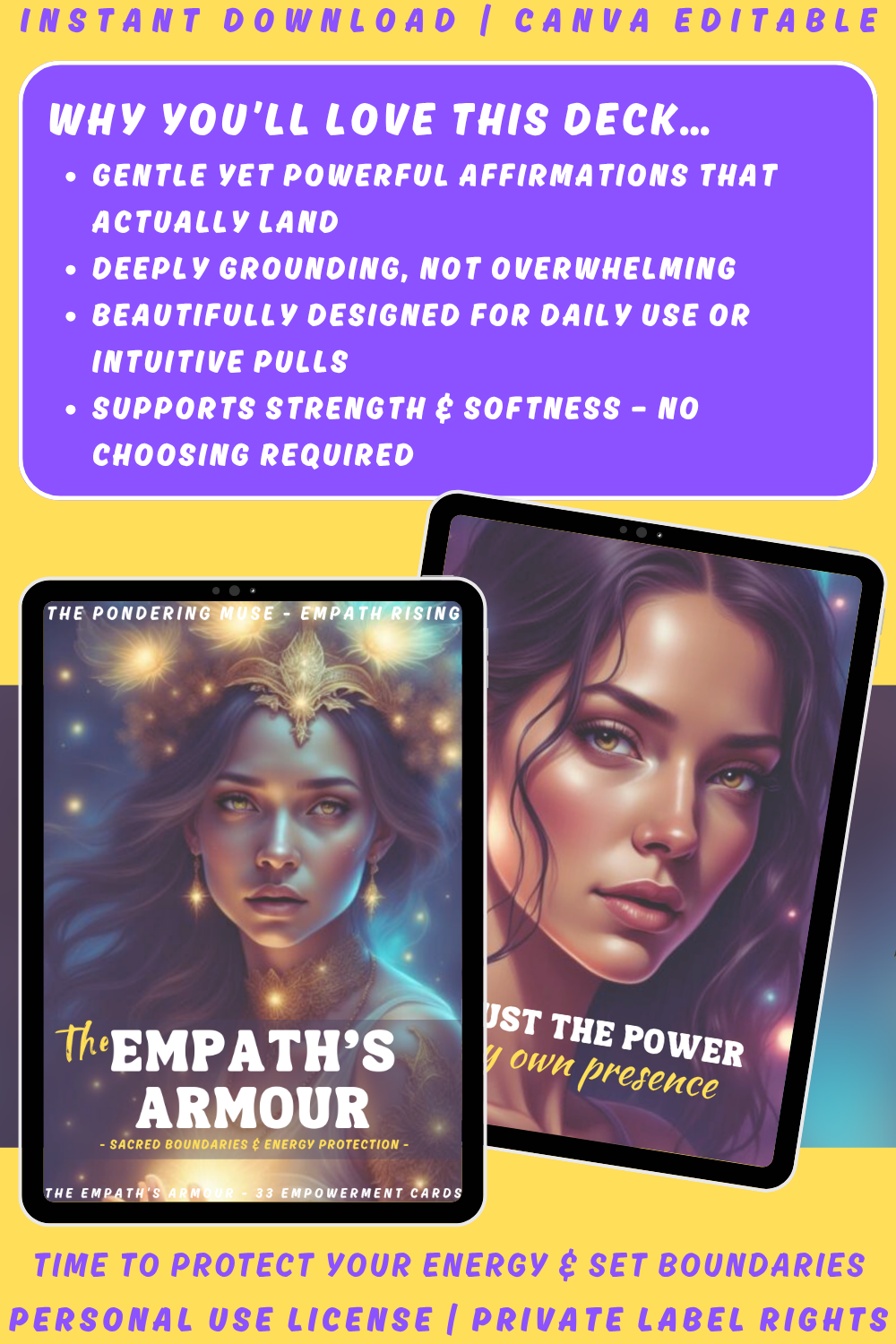 Promotional graphic for 'Empath Rising - The Empath's Armour' empowerment cards with a woman's face and text. Available in personal use license and private label rights. Image explaining why you'll love the deck.