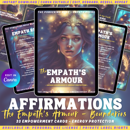 Promotional graphic for 'Empath Rising - The Empath's Armour' empowerment cards with a woman's face and text. Available in personal use license and private label rights.