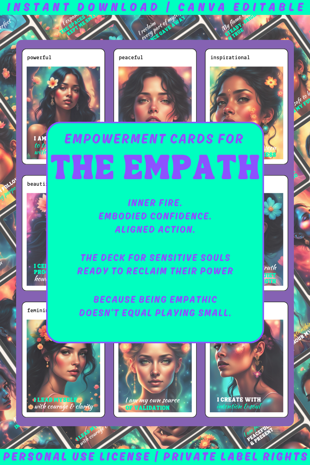 Promotional graphic for 'Empath Rising - The Empath's Flame' affirmation cards with a woman's face and text. Available in personal use license and private label rights. Collage previewing the cards.