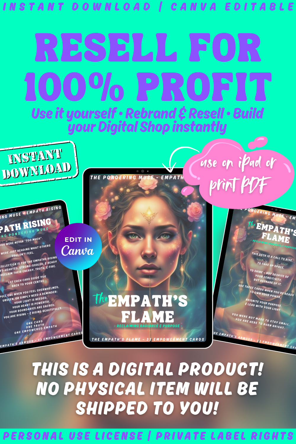 Promotional graphic for 'Empath Rising - The Empath's Flame' affirmation cards with a woman's face and text. Available in personal use license and private label rights. Resell and keep 100& profit