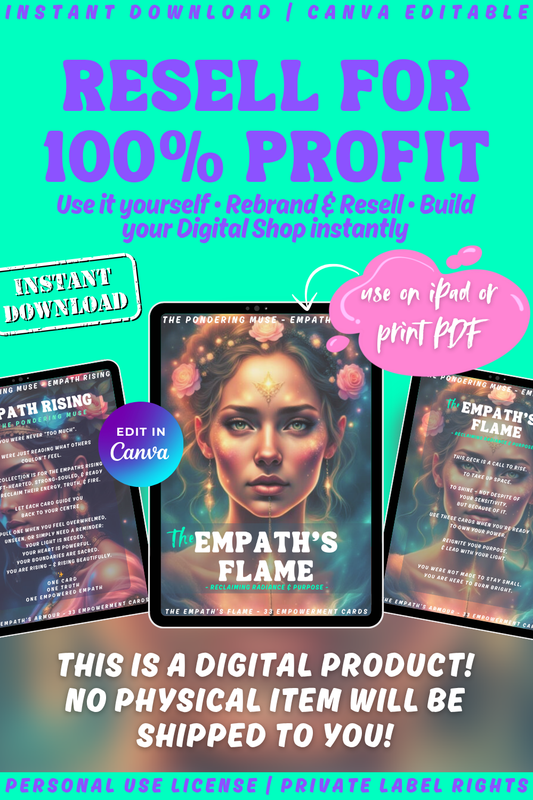 Promotional graphic for 'Empath Rising - The Empath's Flame' affirmation cards with a woman's face and text. Available in personal use license and private label rights. Resell and keep 100& profit