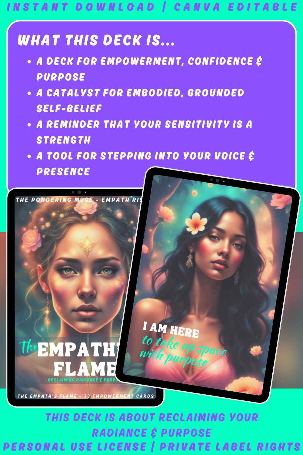 Promotional graphic for 'Empath Rising - The Empath's Flame' affirmation cards with a woman's face and text. Available in personal use license and private label rights. Image explaining what this deck is