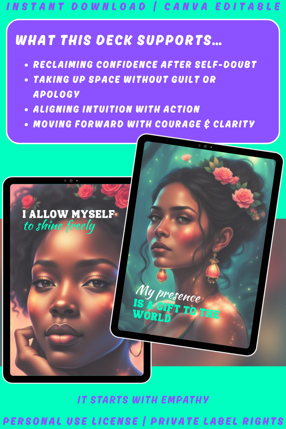 Promotional graphic for 'Empath Rising - The Empath's Flame' affirmation cards with a woman's face and text. Available in personal use license and private label rights. Image explaining what this deck supports