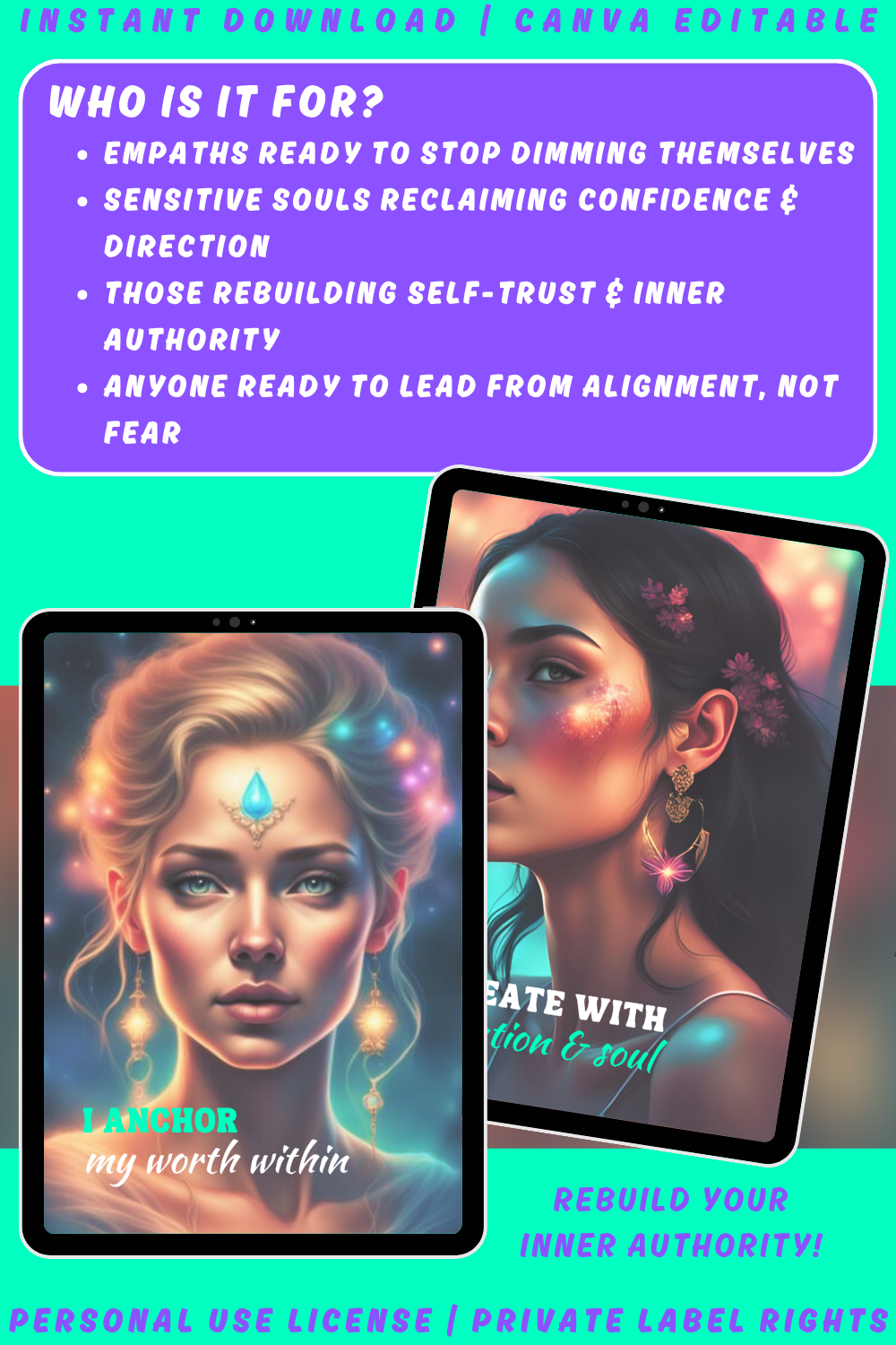 Promotional graphic for 'Empath Rising - The Empath's Flame' affirmation cards with a woman's face and text. Available in personal use license and private label rights. image explaining who this deck is for.