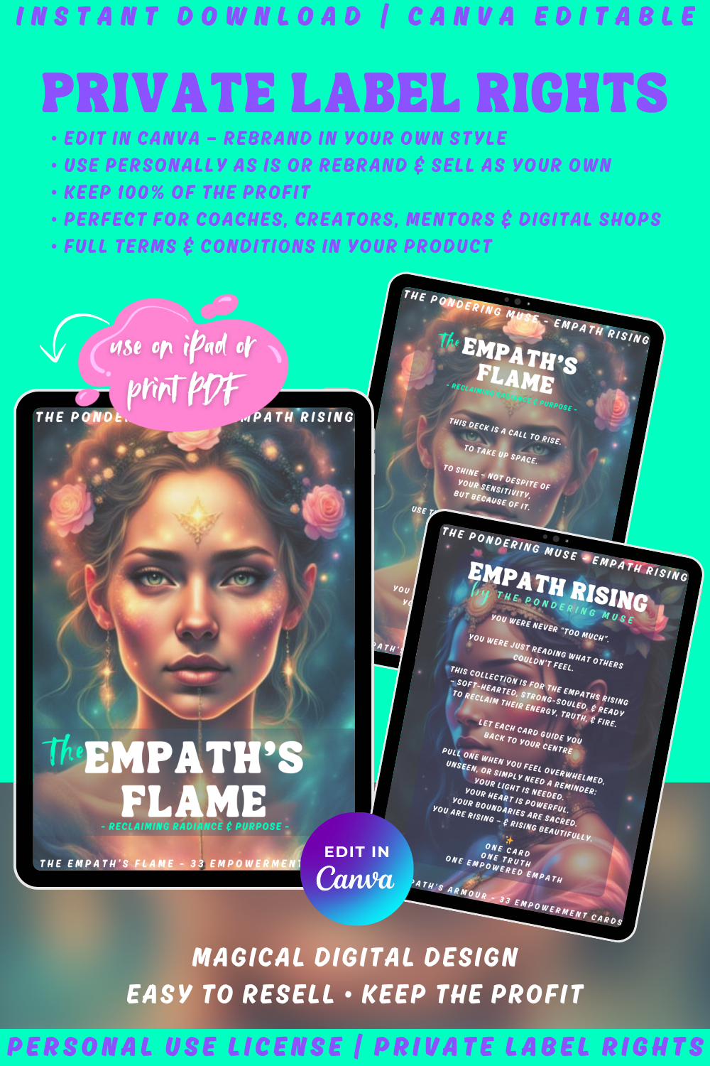 Promotional graphic for 'Empath Rising - The Empath's Flame' affirmation cards with a woman's face and text. Available in personal use license and private label rights. image explaining private label rights.