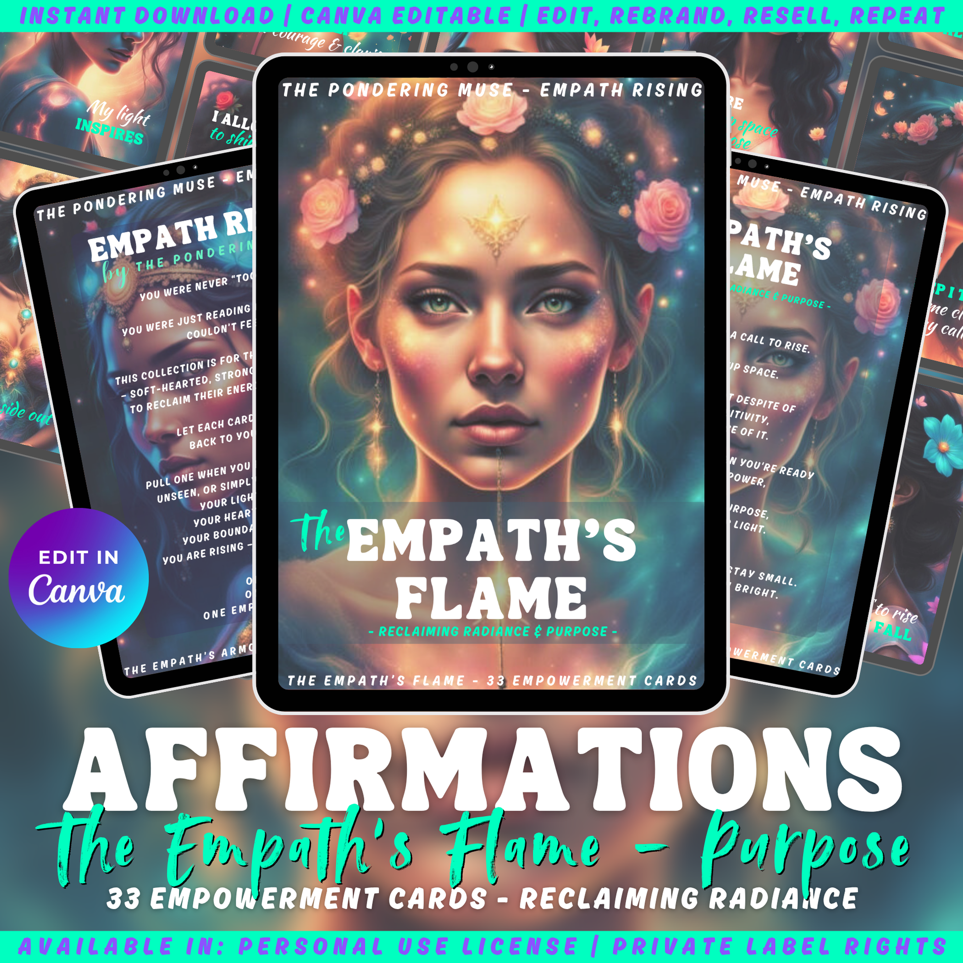 Promotional graphic for 'Empath Rising - The Empath's Flame' affirmation cards with a woman's face and text. Available in personal use license and private label rights.