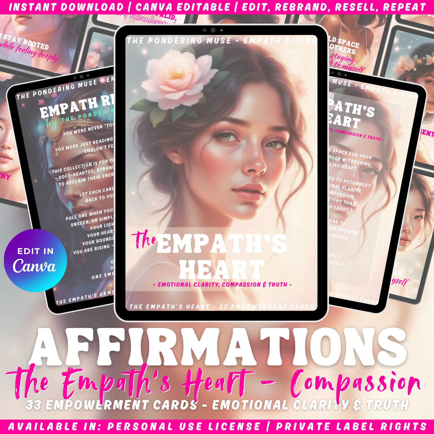 Promotional graphic of the affirmation deck "The Empath's Heart" from the collection "Empath Rising". Available in private label rights and personal use license.