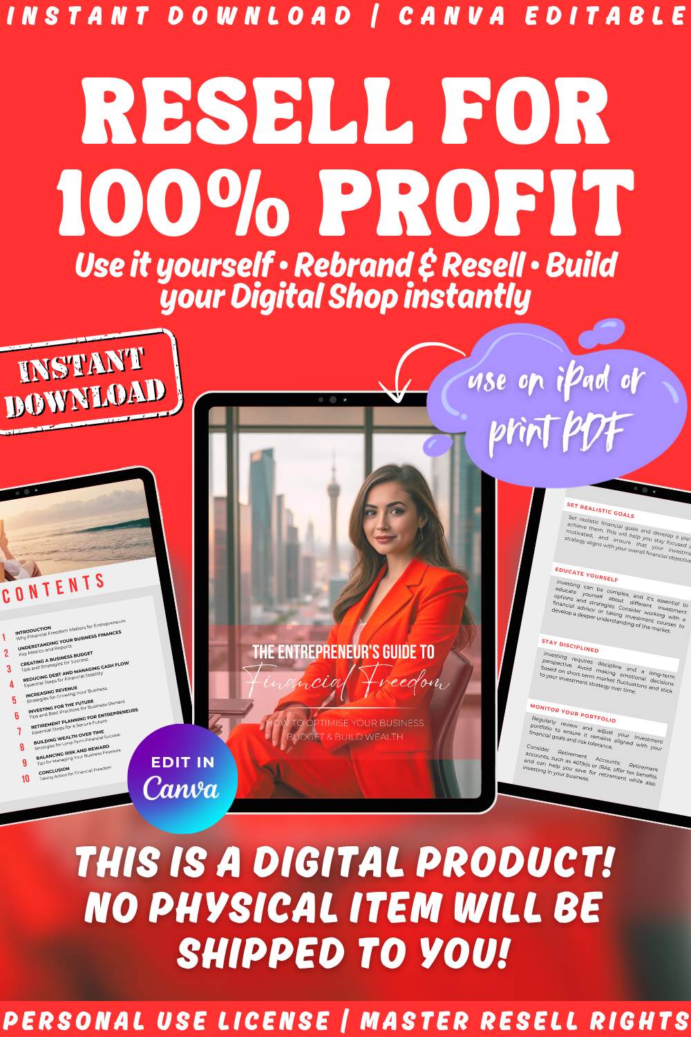 Digital product packaging of The Entrepreneur's Guide to Financial Freedom with text about reselling for profit, branding, and building a digital shop.
