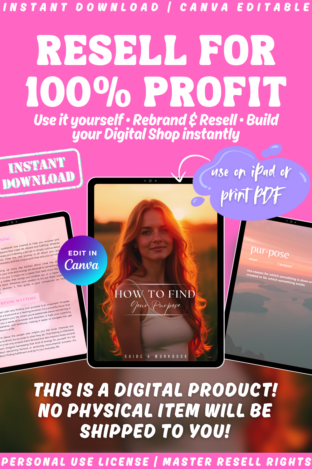 Digital product promotion of the guide & workbook "How to find your purpose" on a tablet screen, text about resale and digital shop building. Instant Download.