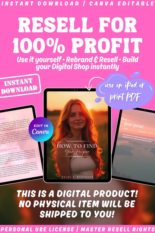 Digital product promotion of the guide & workbook "How to find your purpose" on a tablet screen, text about resale and digital shop building. Instant Download.
