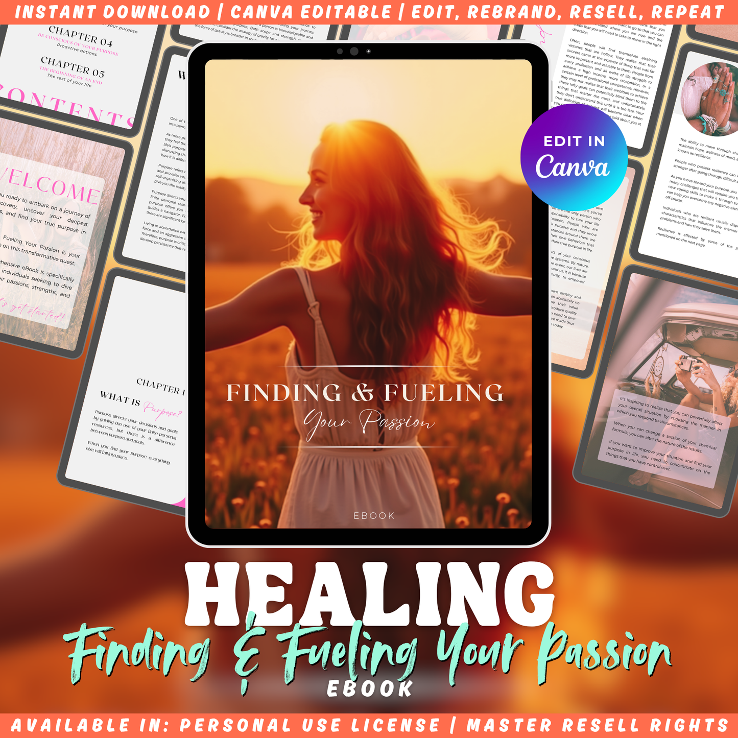 Ebook cover with a woman in a field and text 'Finding & Fueling Your Passion' on a tablet device. The cover sits on top of previews of the ebook. 