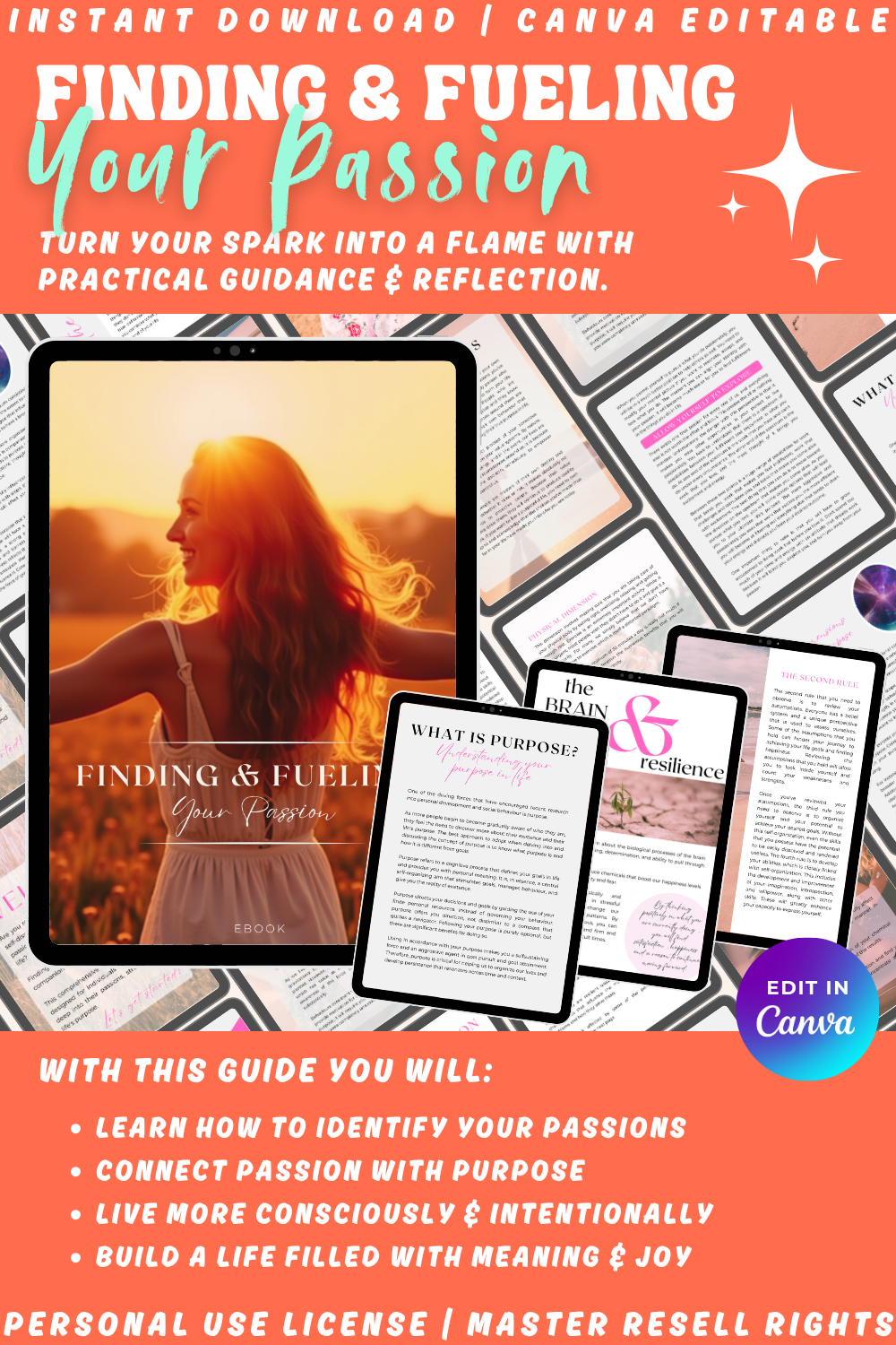 Promotional graphic for a guide on finding and fueling your passion. The cover sits on top of previews of the ebook's pages. The guide will help you connect passion with purpose. 