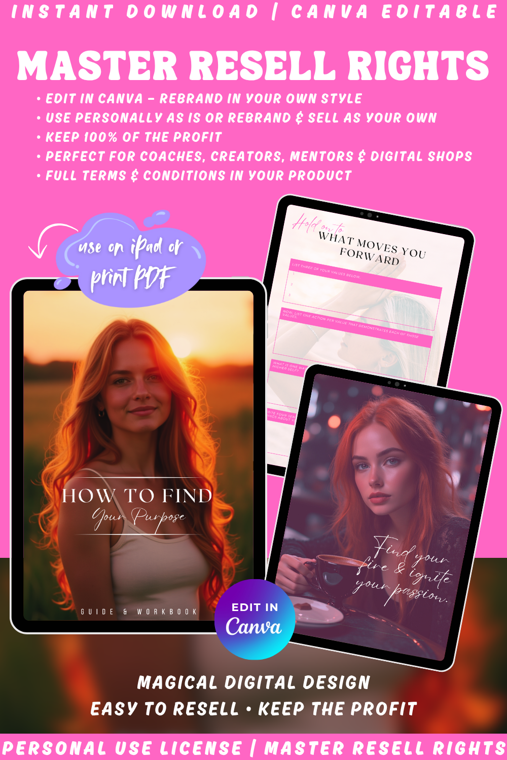 Promotional graphic for the digital product "How to find your purpose" ebook & workbook. Available in private label rights and master resell rights, as well as personal use license. 