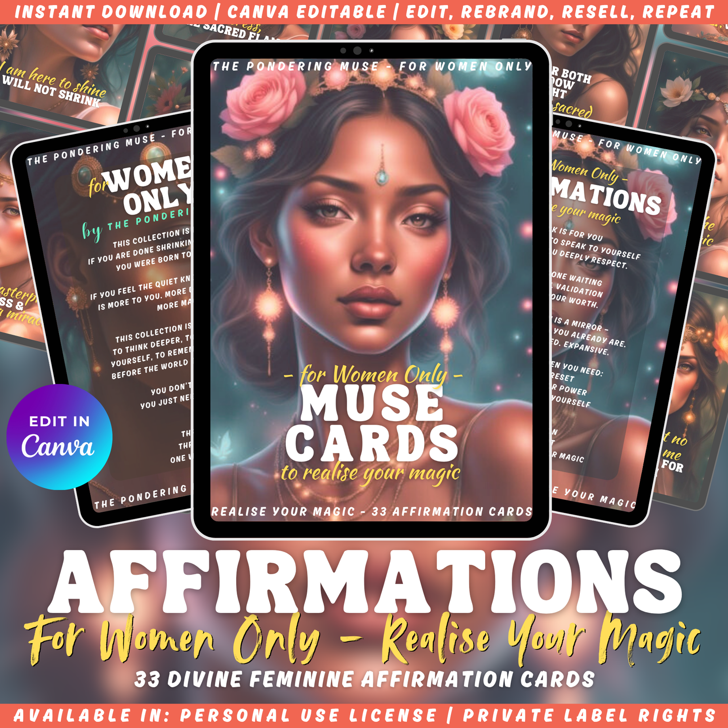 Promotional graphic for the card deck "For women only - affirmations - muse cards - to realise your magic". Available in personal use license and private label rights.