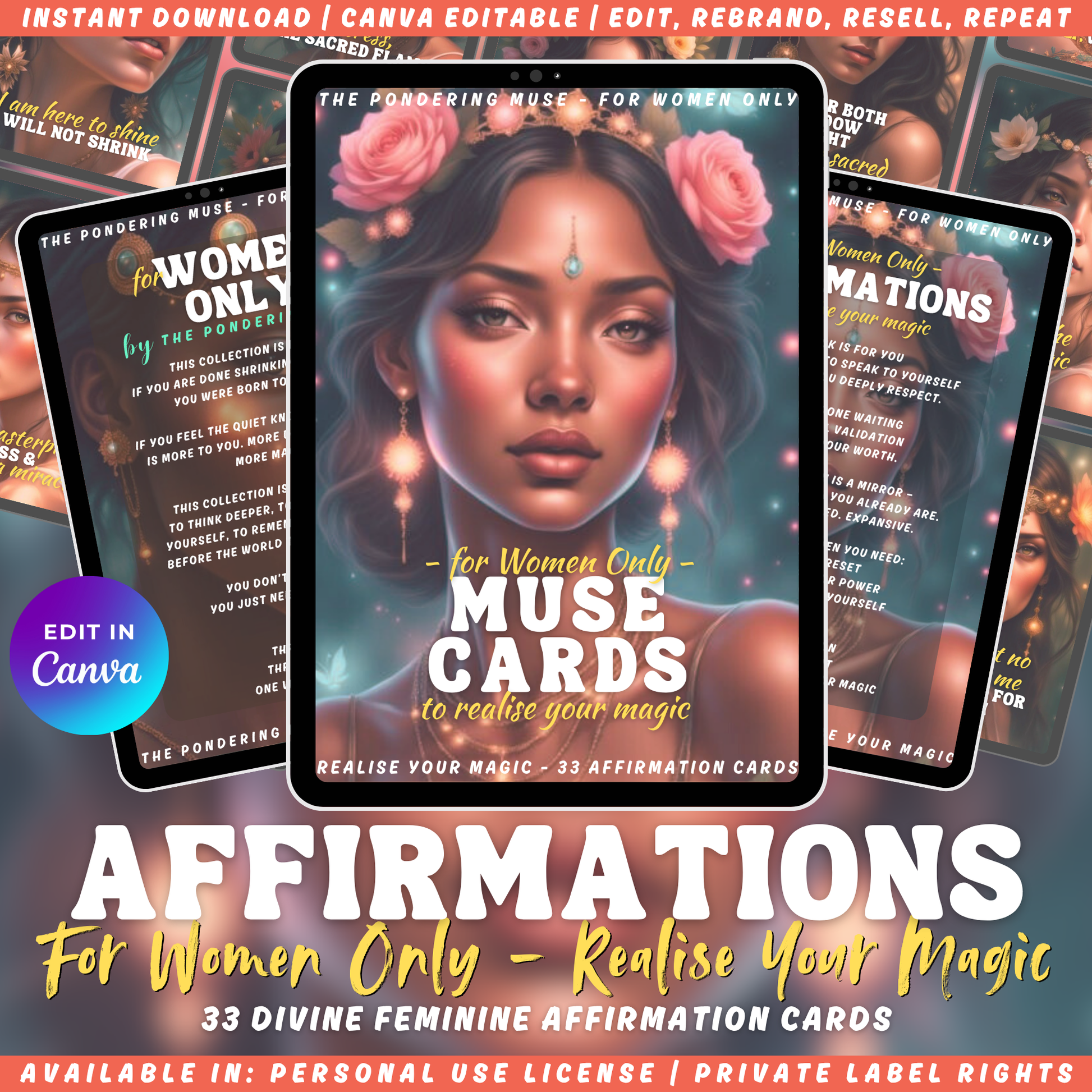 Promotional graphic for the card deck "For women only - affirmations - muse cards - to realise your magic". Available in personal use license and private label rights.